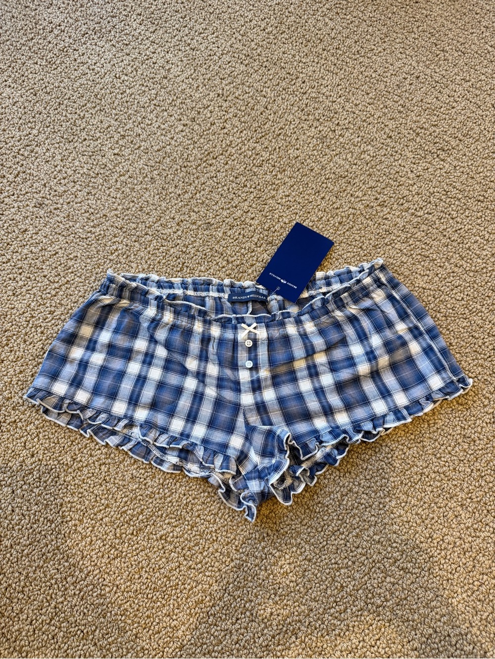 Brandy Melville Blue Plaid Ruffle Hem Lounge Shorts